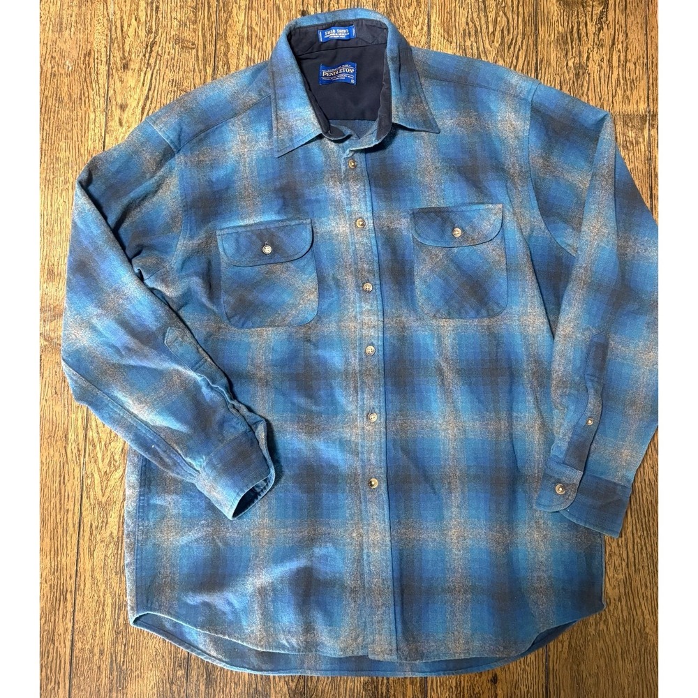 VTG 90s PENDLETON Washable Virgin Wool Field Shirt Blue Gray Plaid Mens Sz XL